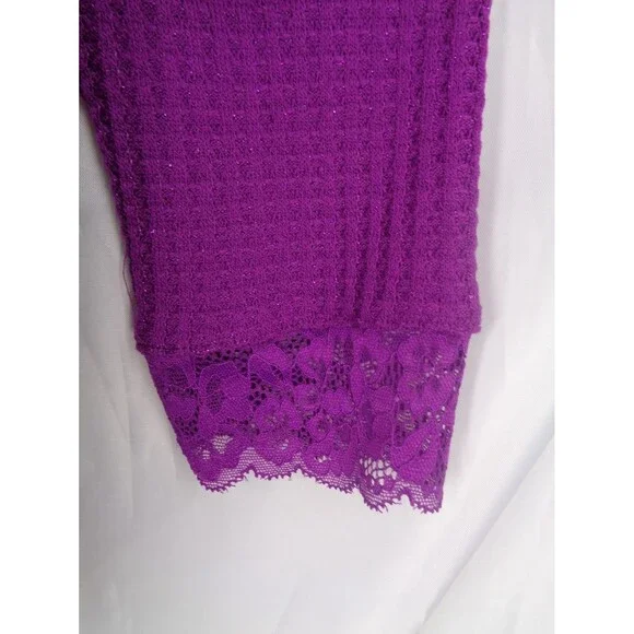 LOGO Lori Goldstein Purple Metallic Waffle Knit Mock Neck Top Lace Sz Large New - Picture 10 of 15